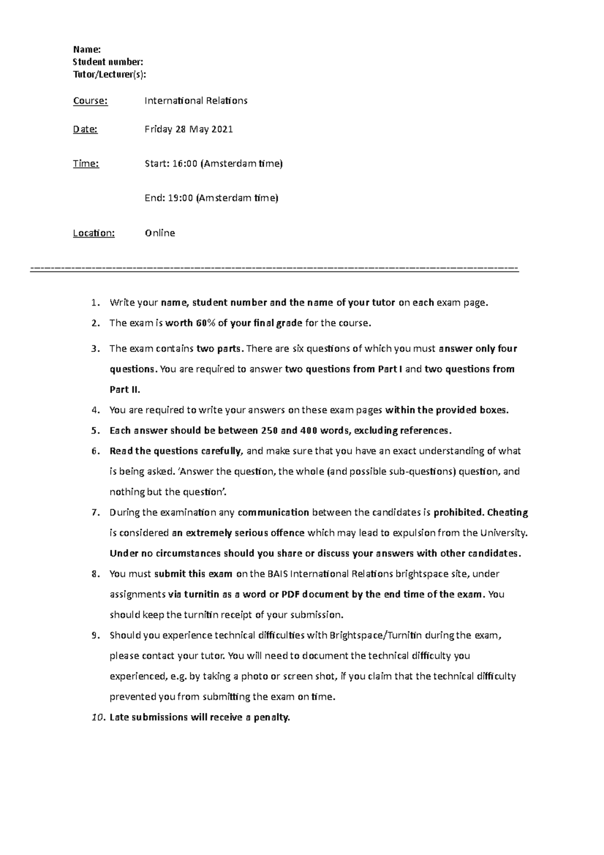BAIS IR Final Exam Guidelines and Sample Questions 2020-2021 - Studeersnel