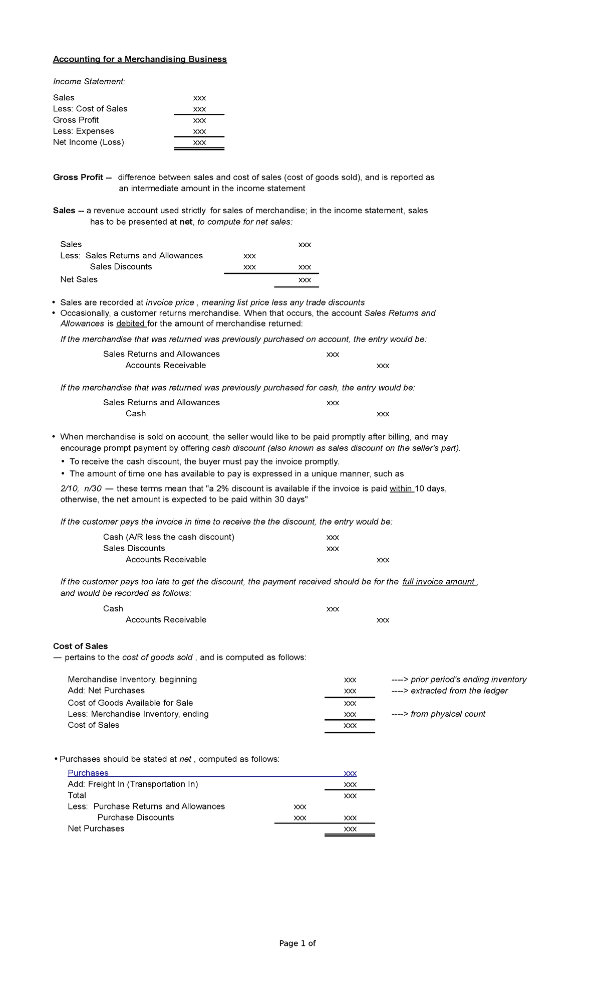 Merchandising Business Accounting Notes: Key Concepts & Income ...