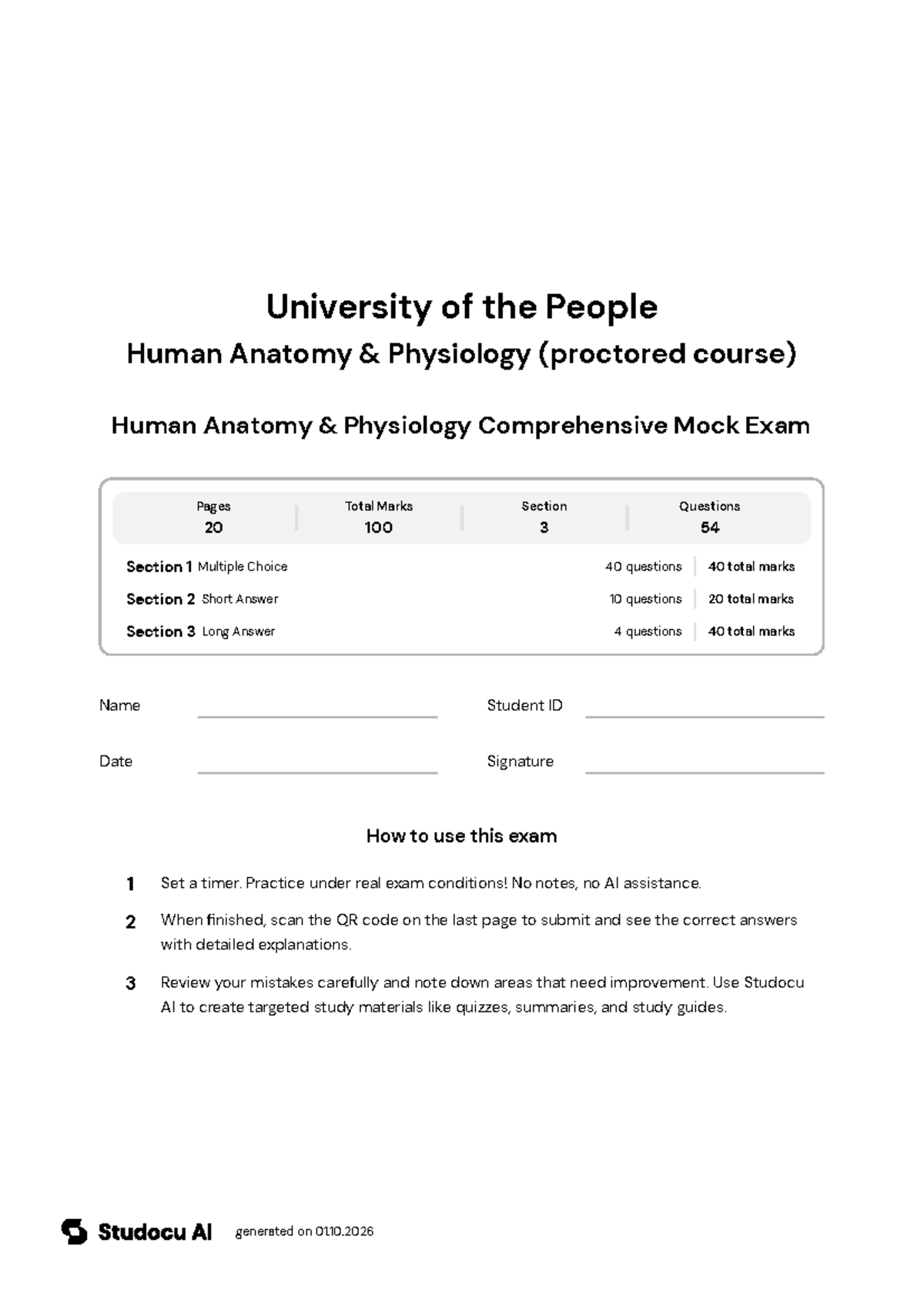 Human Anatomy & Physiology Comprehensive Mock Exam - Studocu