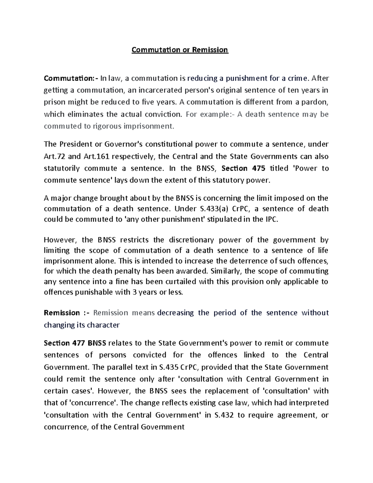BNSS 2023: Commutation and Remission of Sentences Explained - Studocu