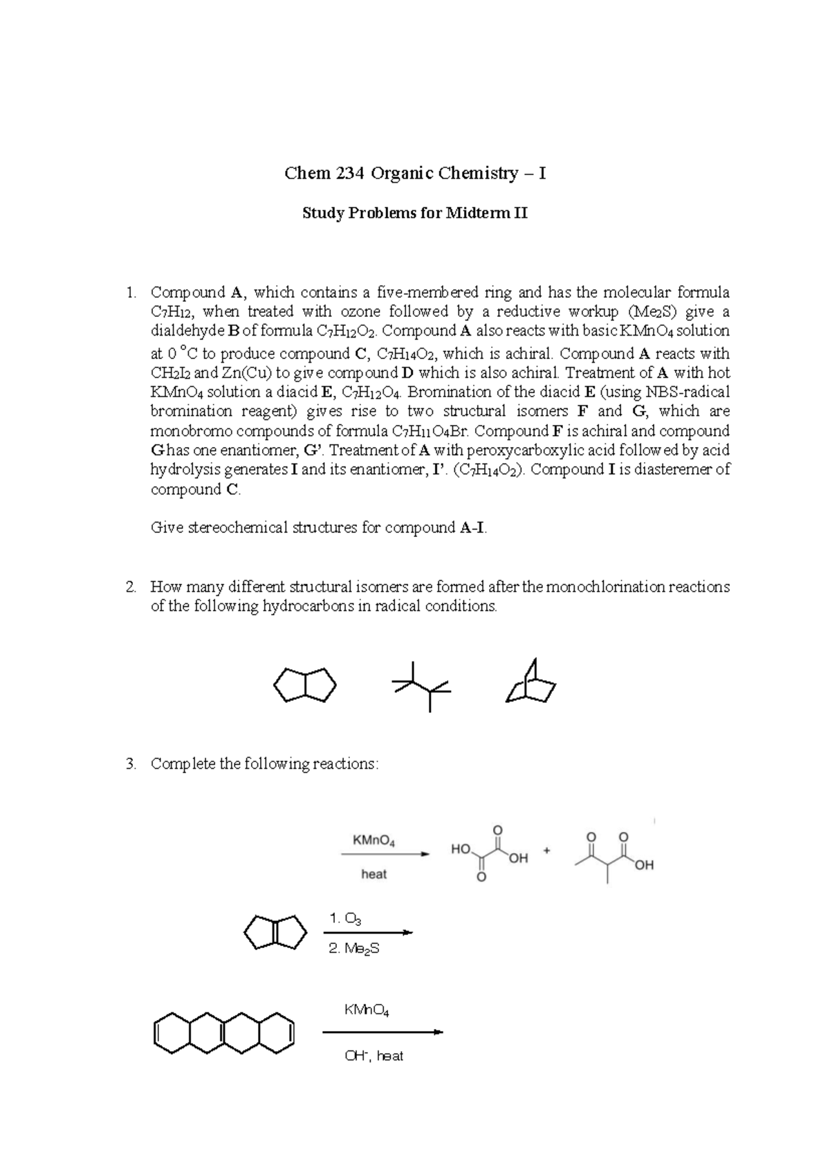 Chem 234 Organic Chemistry I Midterm II Study Problems 2025 - Studocu