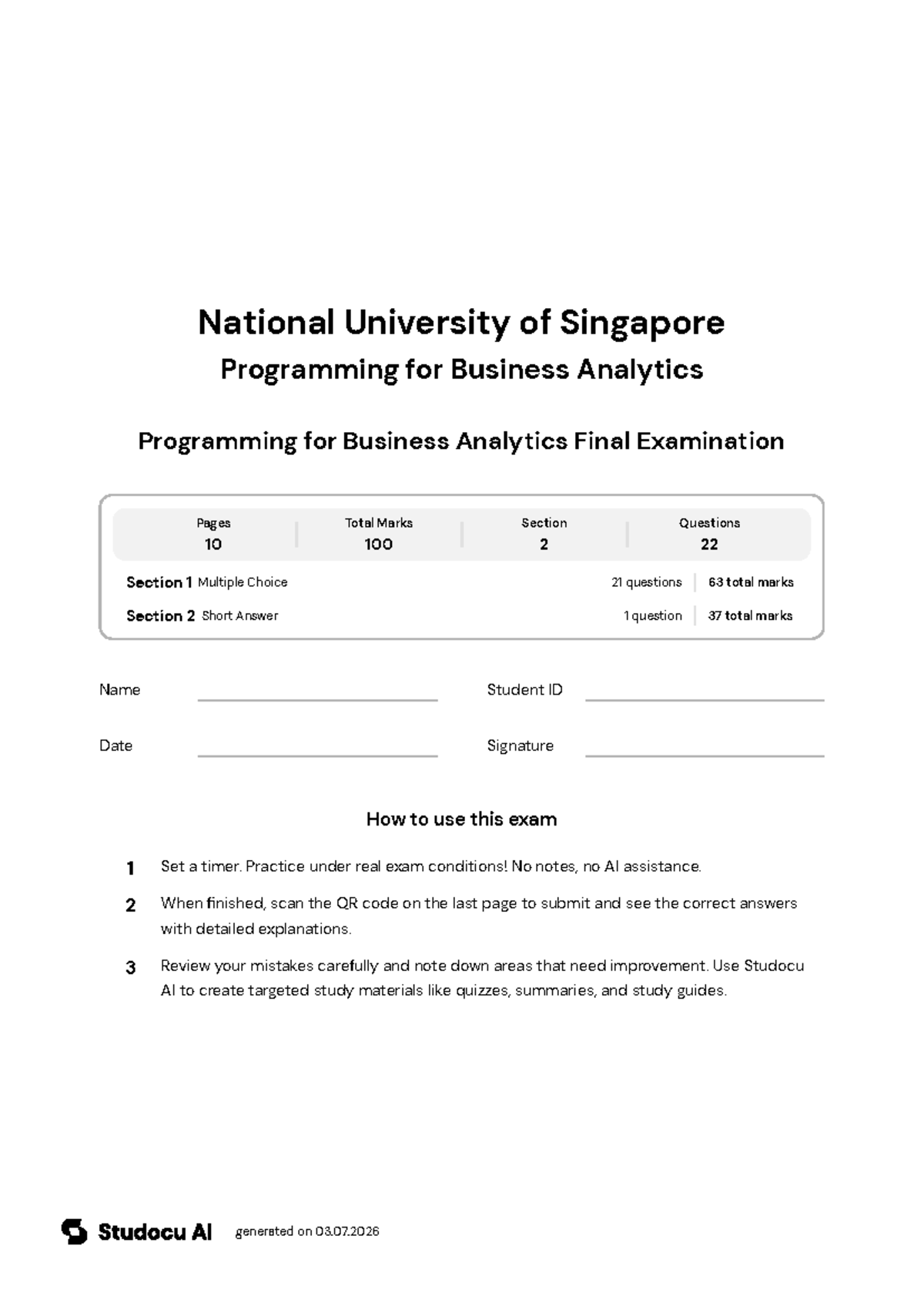 Programming for Business Analytics Final Exam - Studocu
