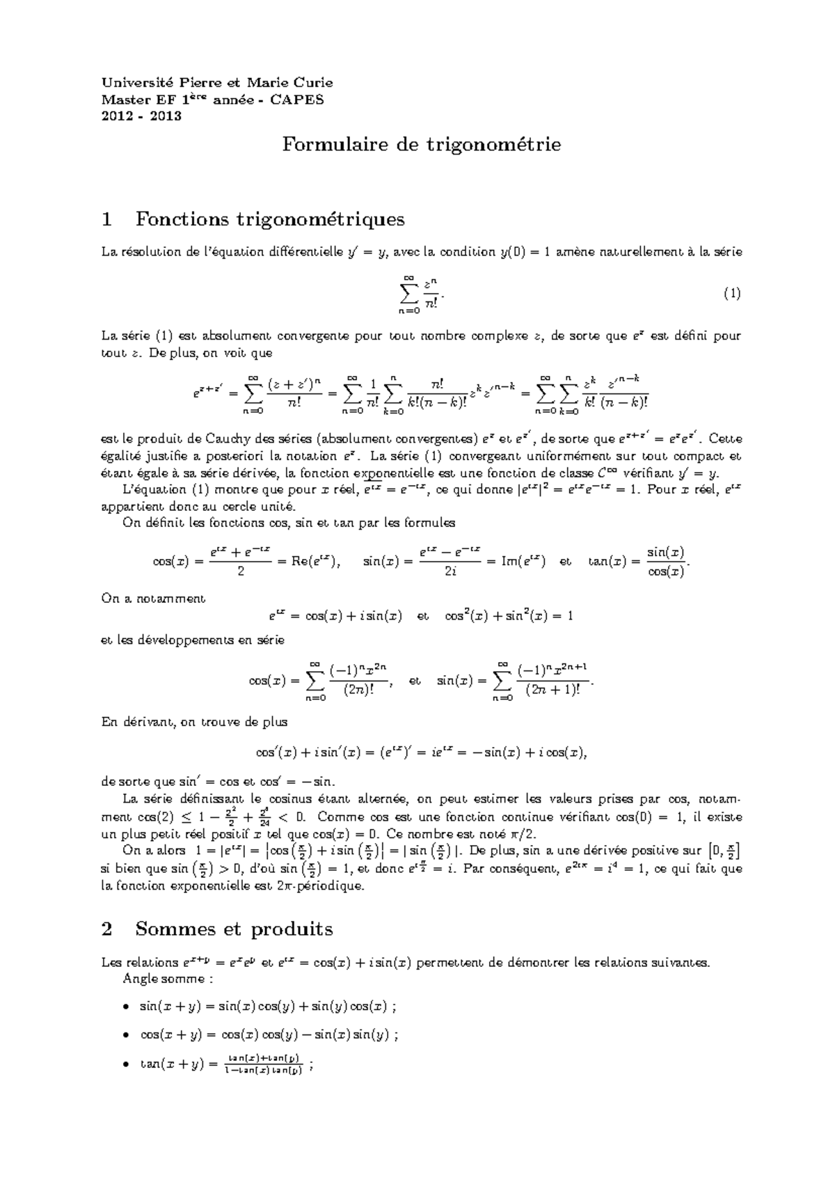 Formulaire trigo - Formulas para préparation a los examenes - Universit ...
