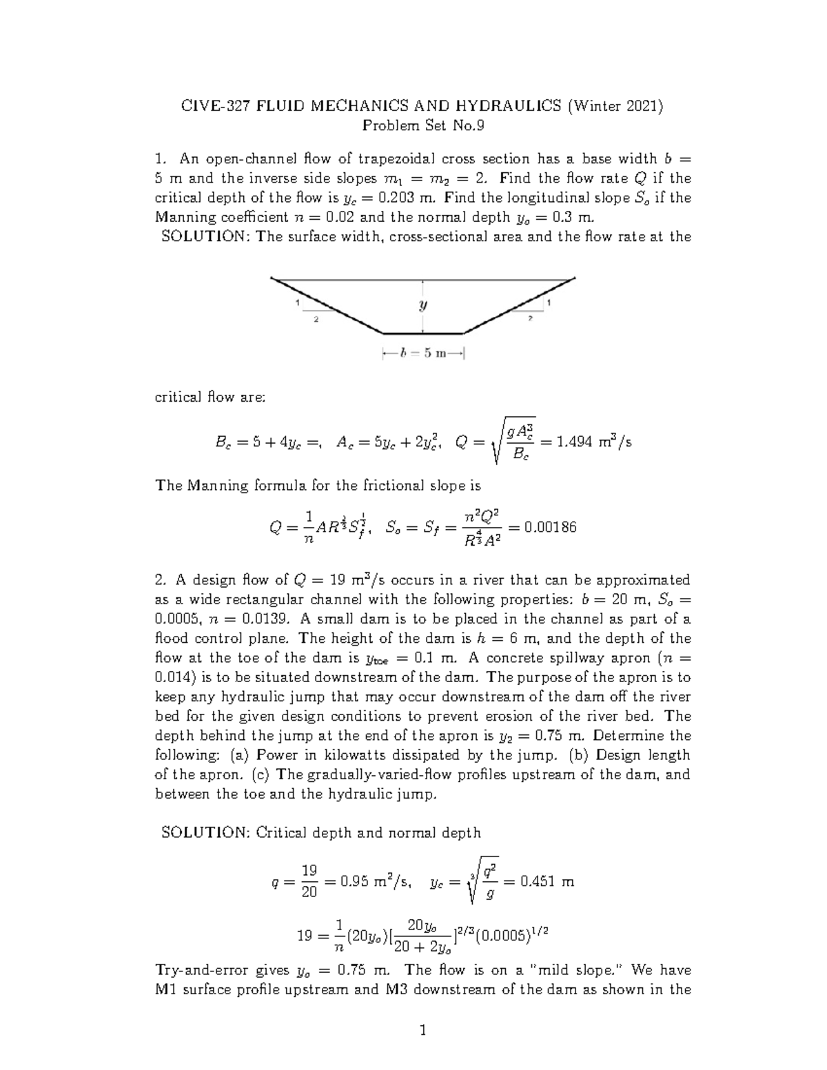 CIVE-327 Fluid Mechanics & Hydraulics Problem Set Solutions (Winter ...