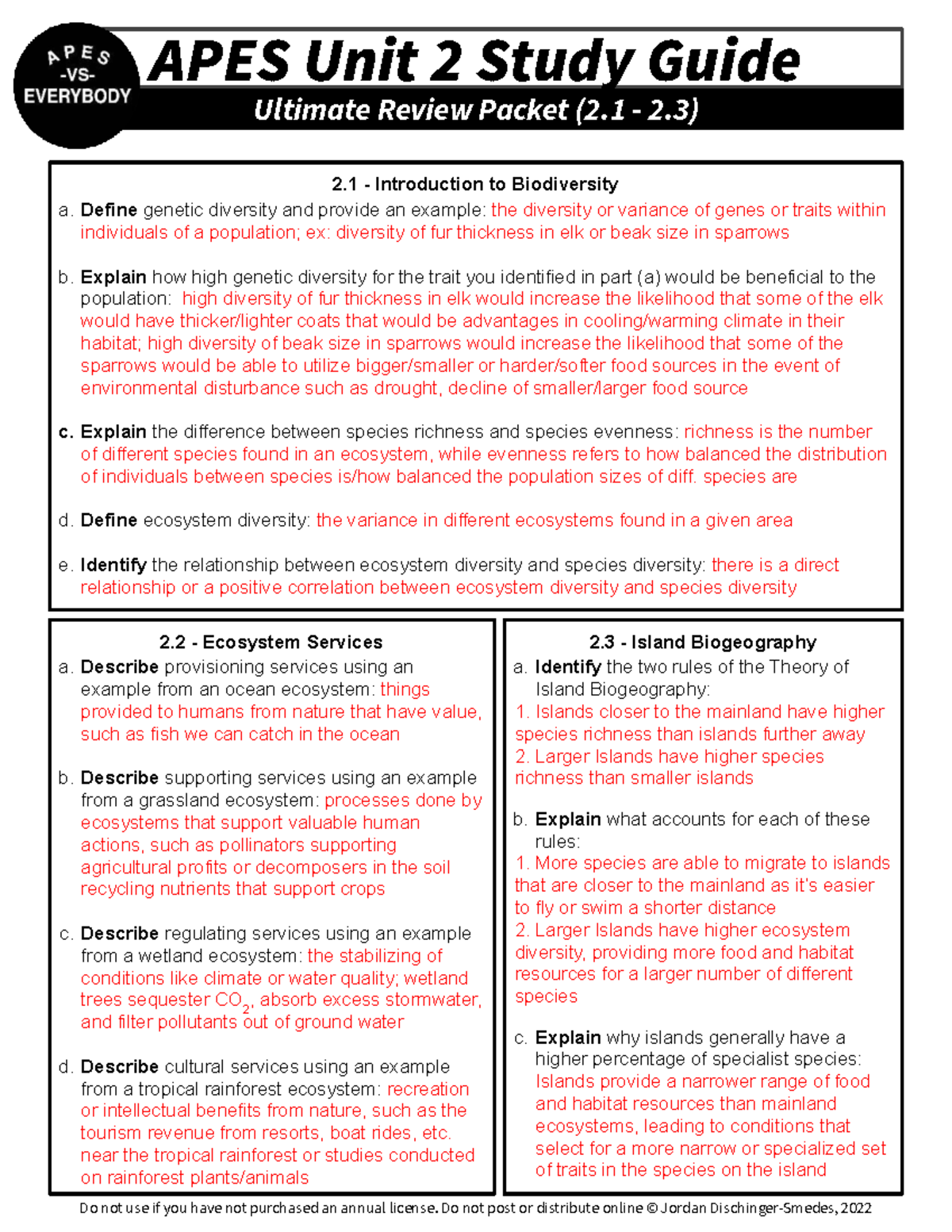APES Unit 2 Study Guide Answer Key: Biodiversity &amp; Ecosystem Services - Studocu