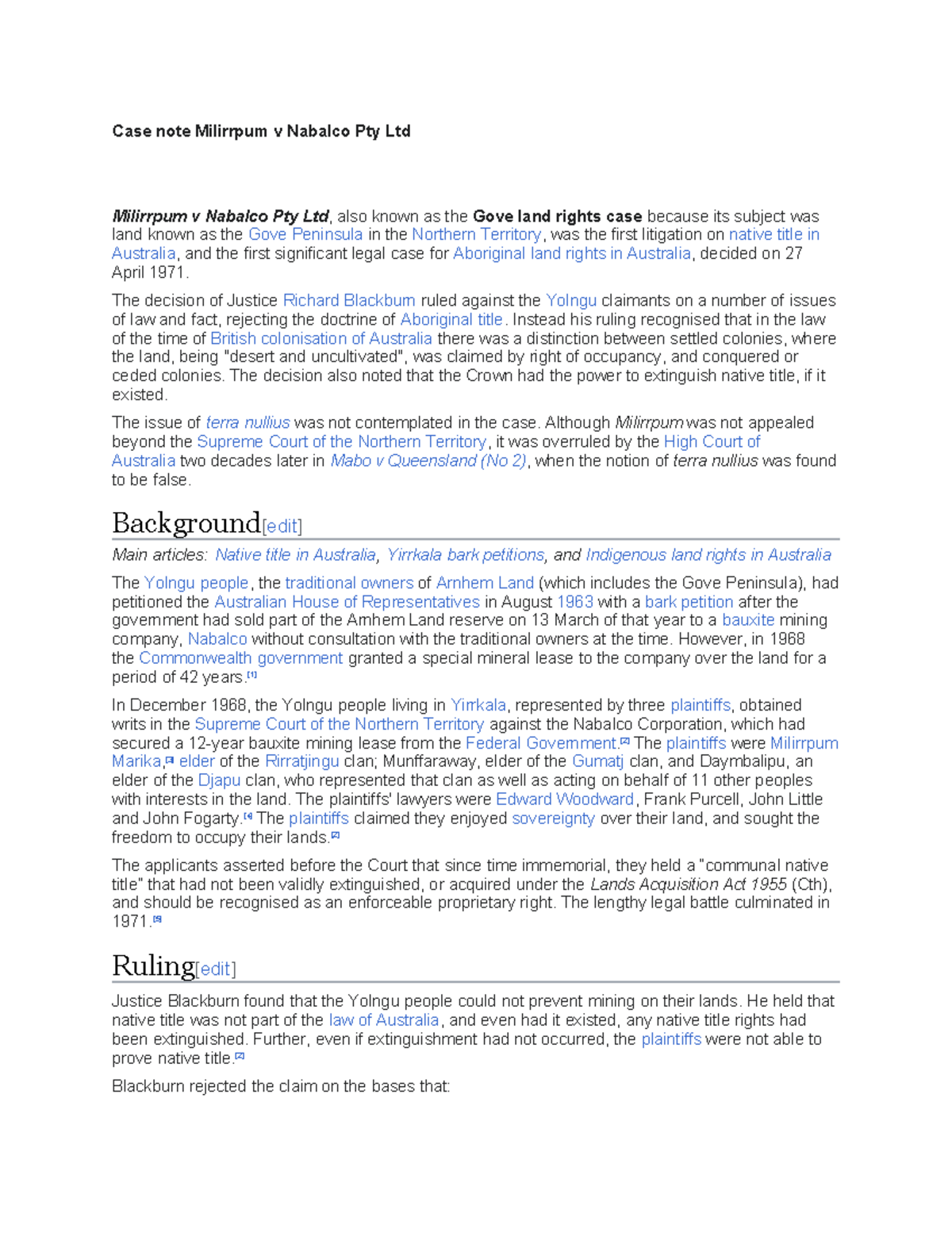 Case Note: Milirrpum v Nabalco Pty Ltd - Gove Land Rights Case Analysis ...