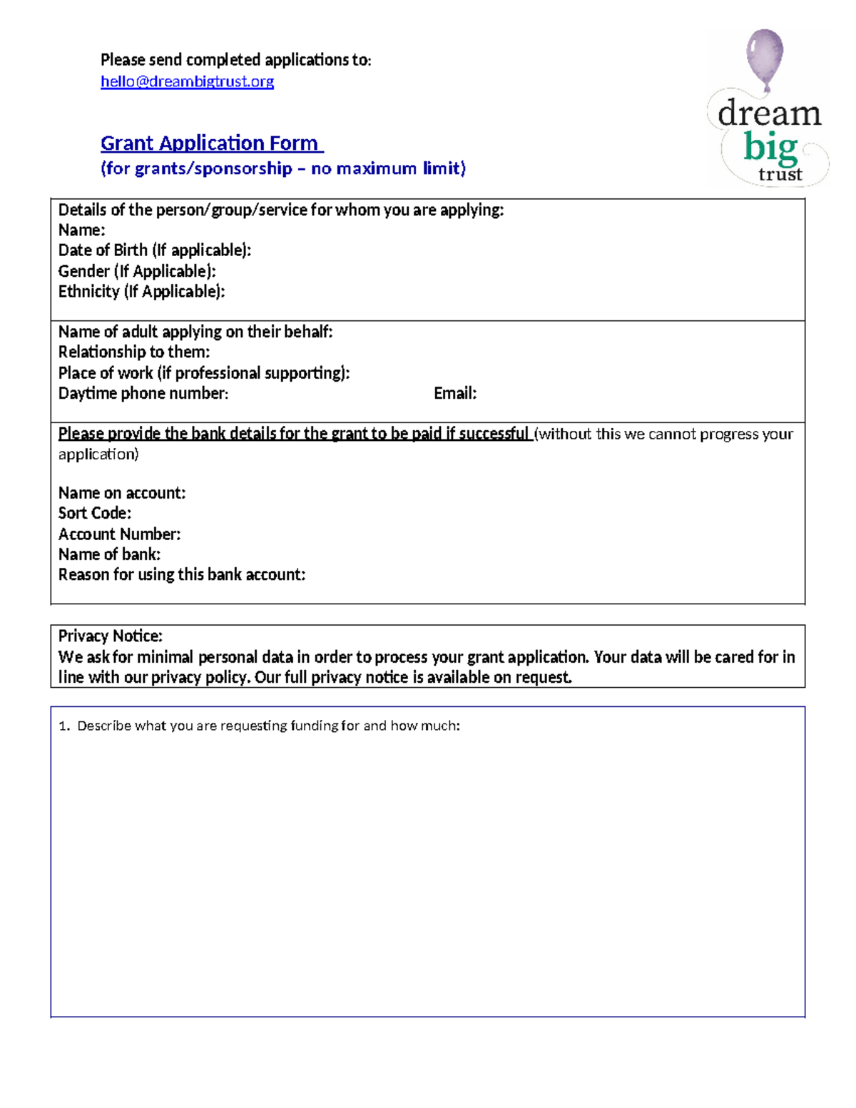 Dream Big Trust Grant Application Form - Studocu