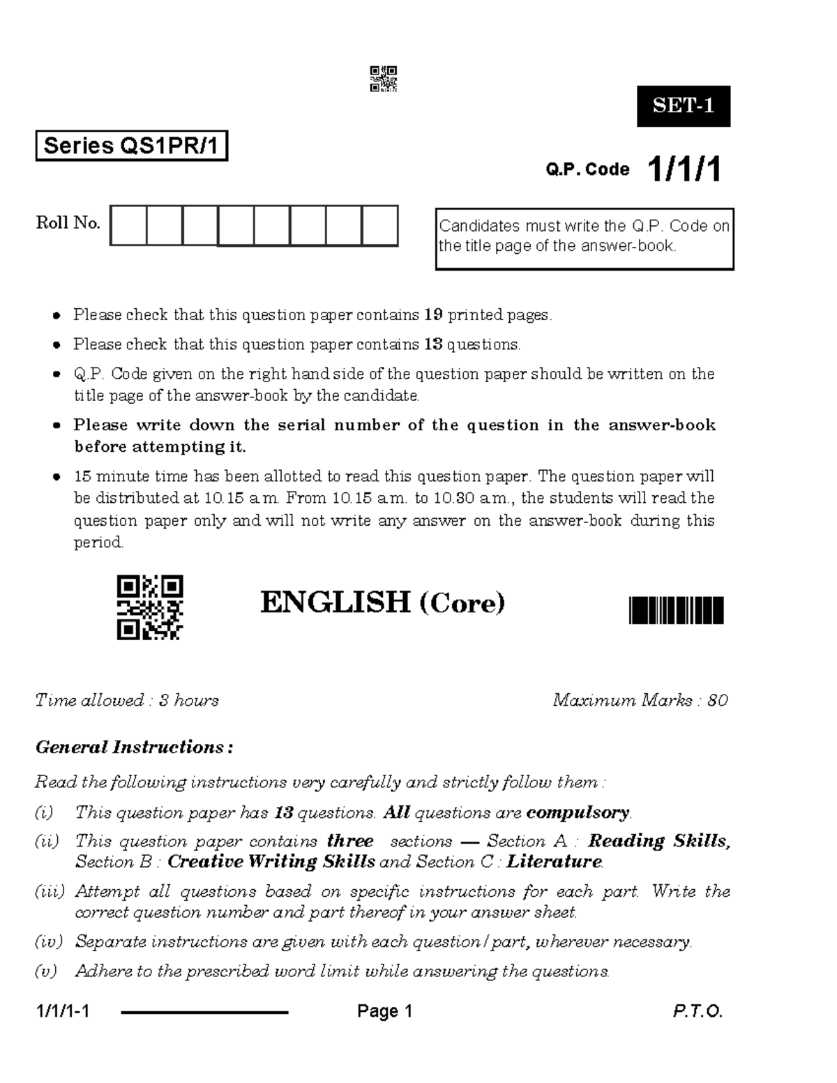 ENGLISH (Core) Q.P. Code: Final Exam Question Paper Analysis - Studocu