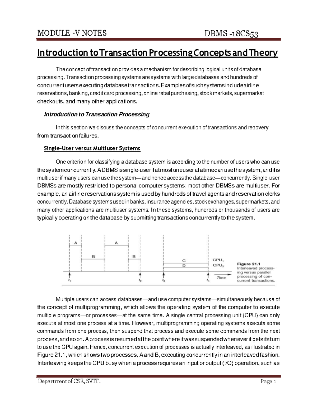 DBMS Module-V - Introduction to Transaction Processing Concepts - Studocu