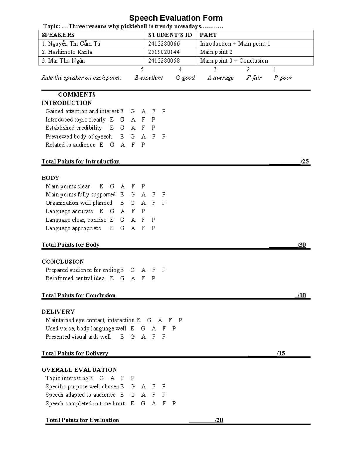 SPEECH 2413280066: Evaluation Form for Informative Speech on Pickleball ...