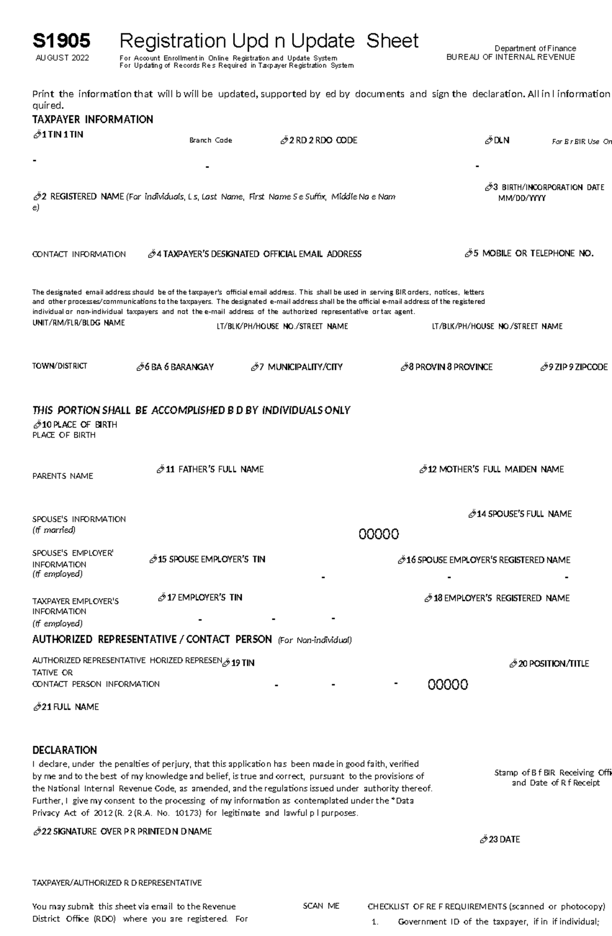 S1905 August 2022 Registration Update Sheet for Taxpayers - Studocu