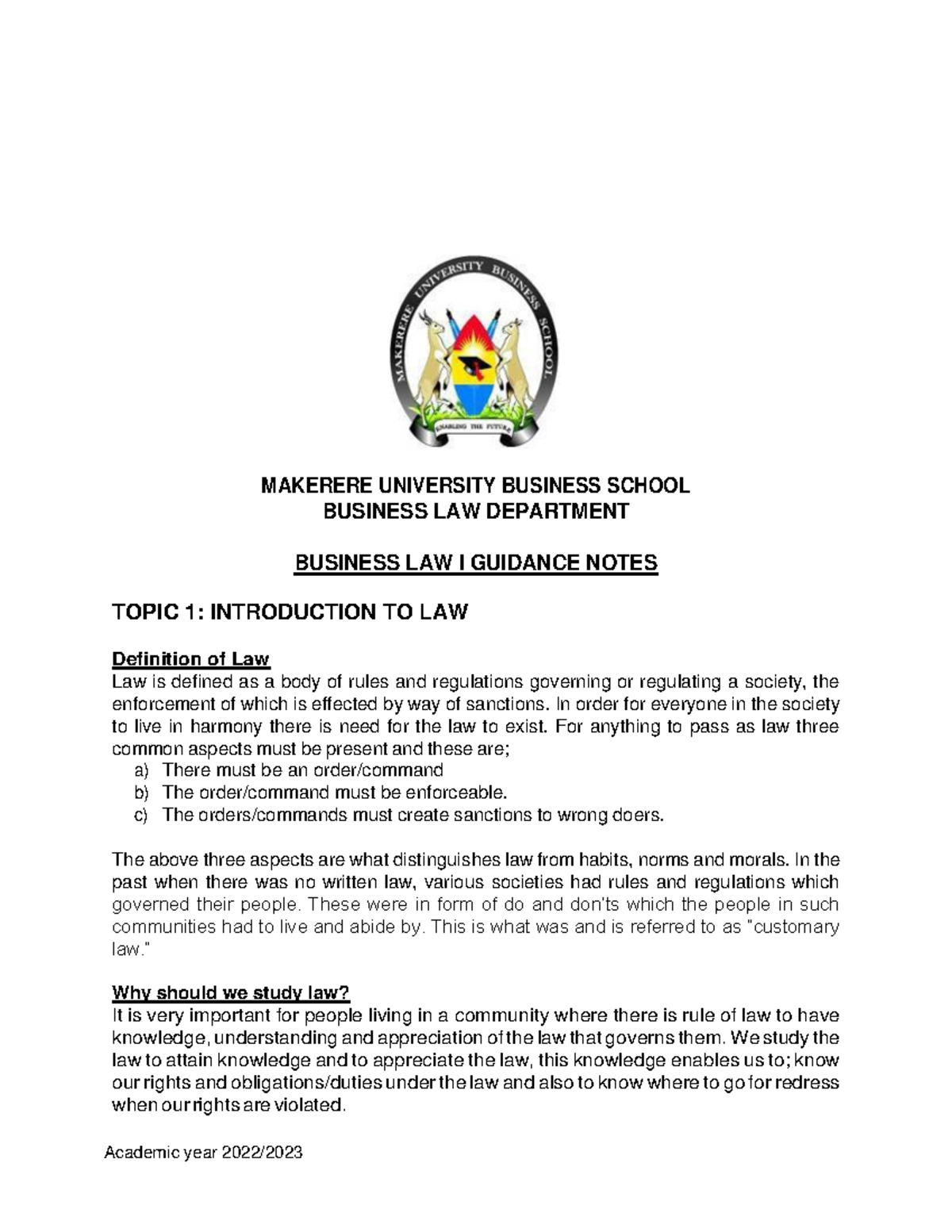 BUSINESS LAW I (BLW 101) GUIDANCE NOTES: INTRODUCTION TO LAW - Studocu