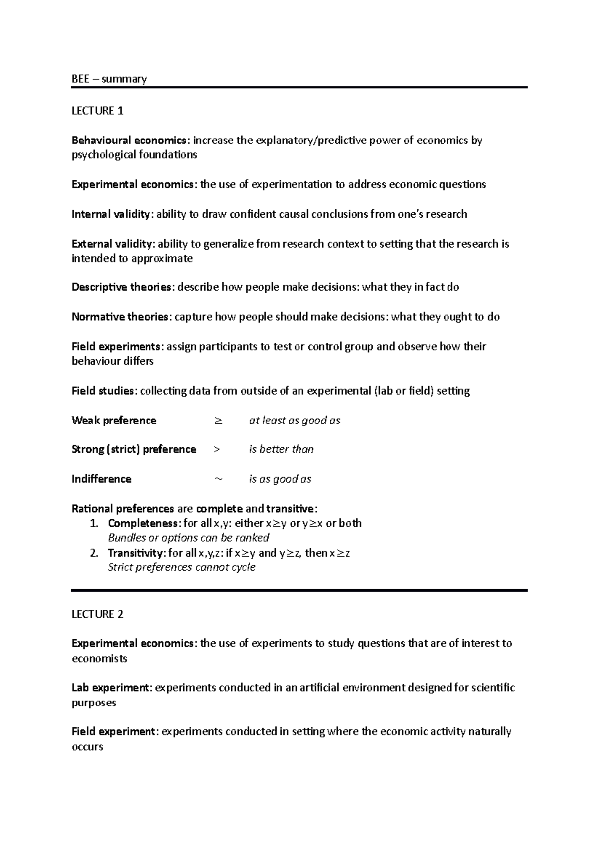 BEE - Comprehensive Lecture Notes on Behavioral Economics Concepts ...