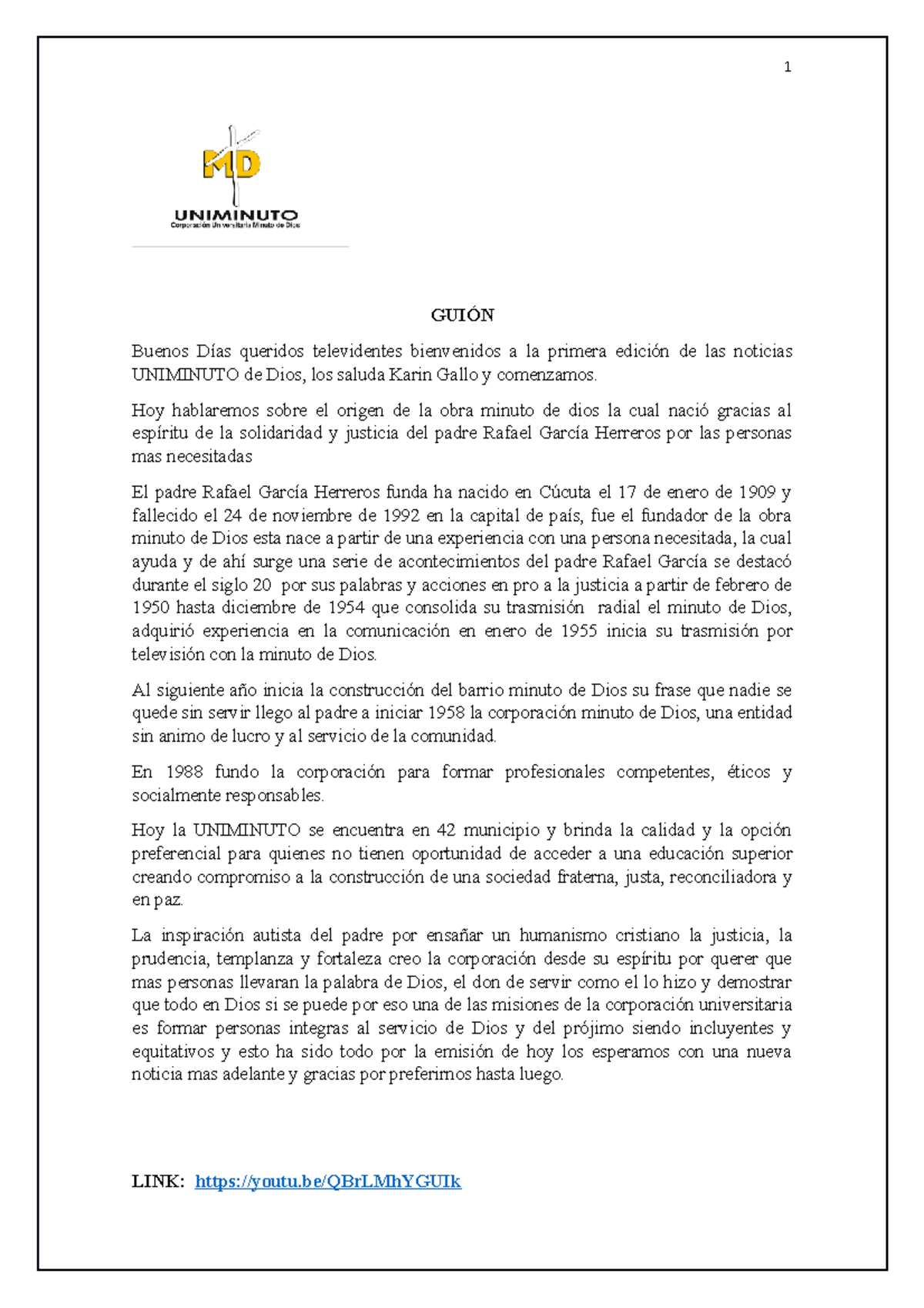 Cátedra Minuto de Dios: Actividad 1 - Historia y Legado del Padre ...