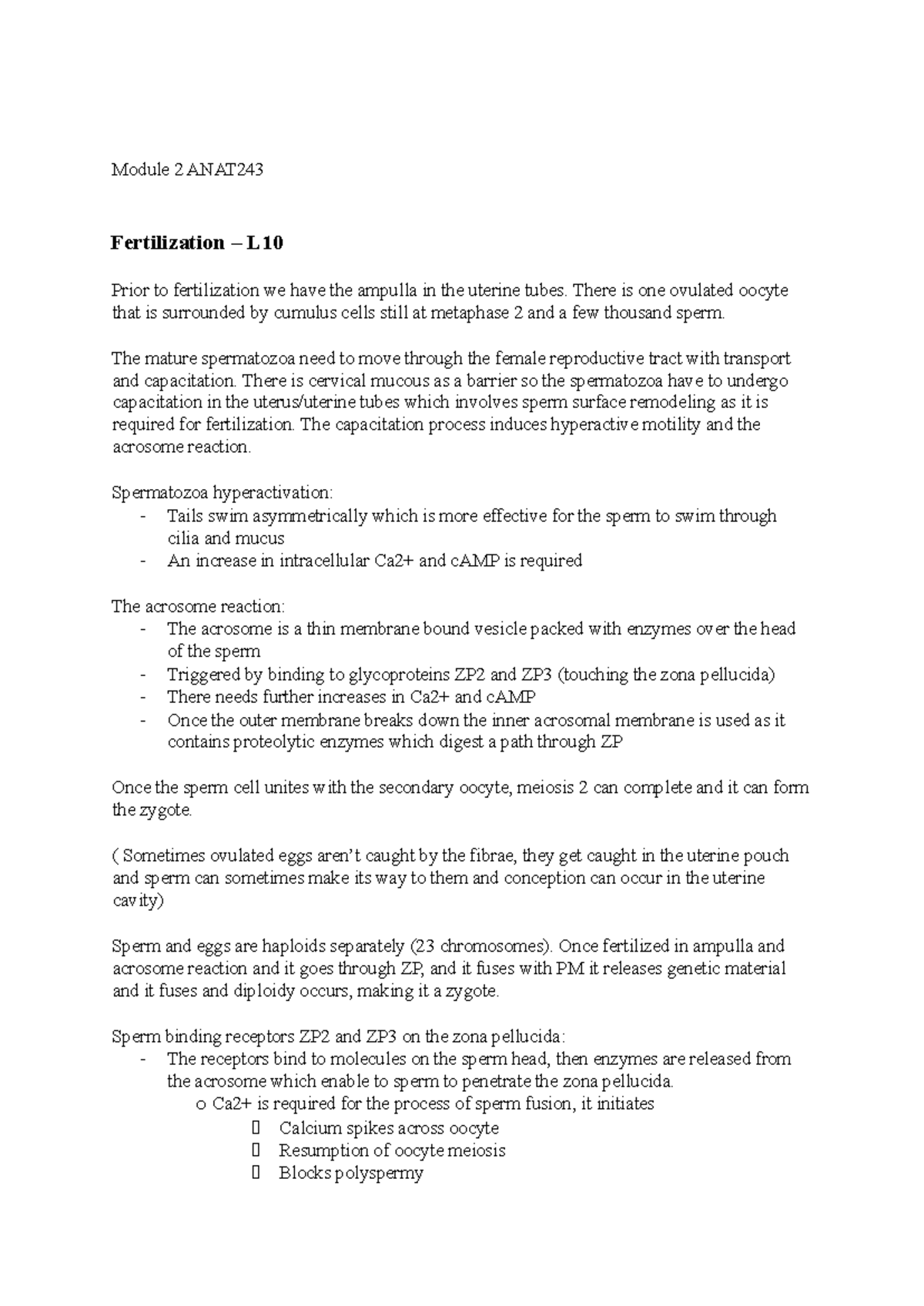 Module 2 ANAT243 - Fertilization & Implantation Notes - Studocu