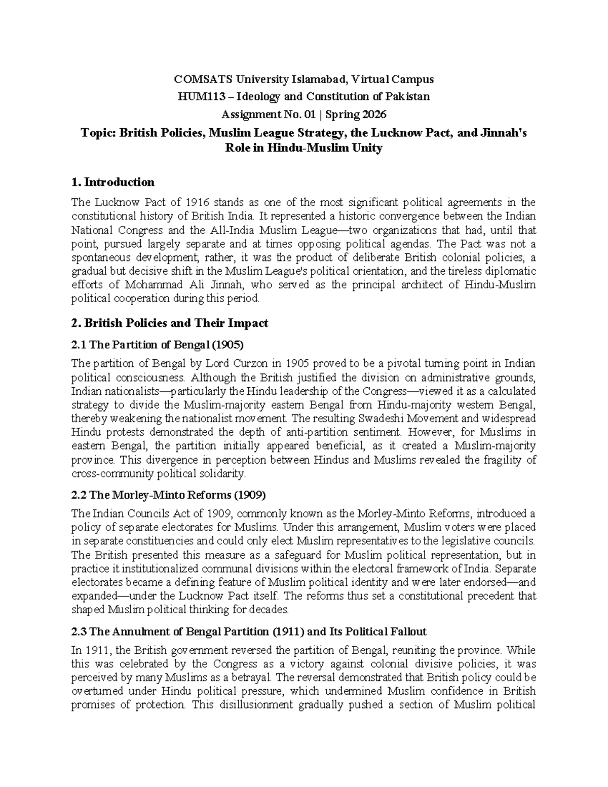 HUM113 Assignment 01: British Policies & the Lucknow Pact Analysis ...