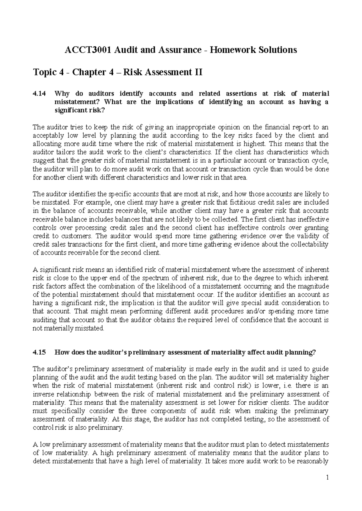 ACCT3001 Topic 4 Homework Solutions: Audit Risk & Materiality Planning ...