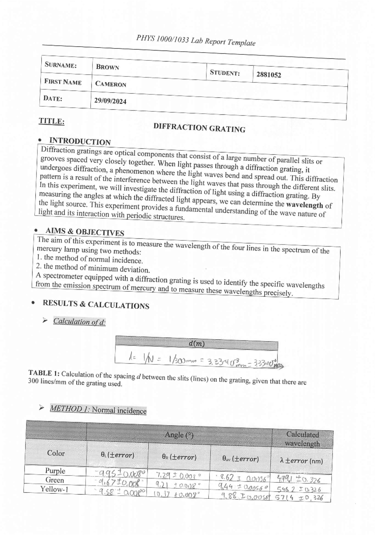 Experiment 08 - Diffraction Grating - PHYS1032/1033 - Studocu