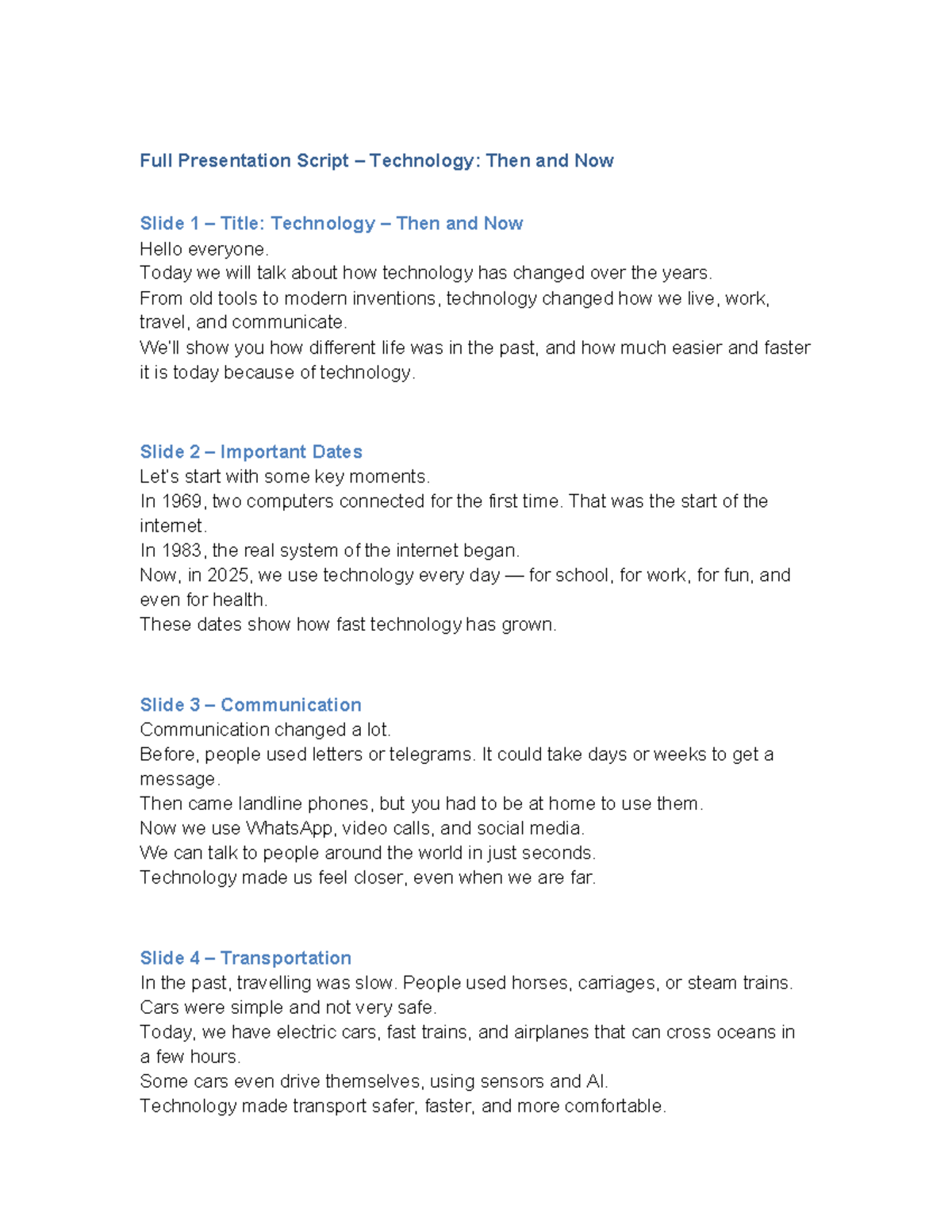 Technology Presentation Script: Then and Now Overview - Studocu