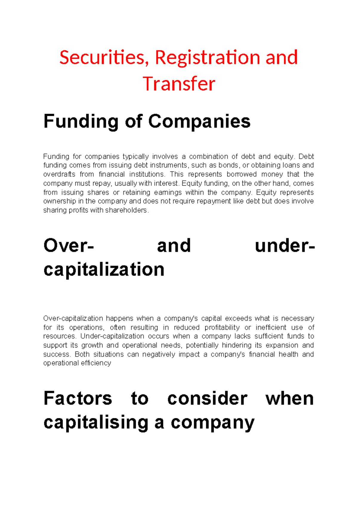 Securities Registration & Transfer: Company Funding Insights - Studocu