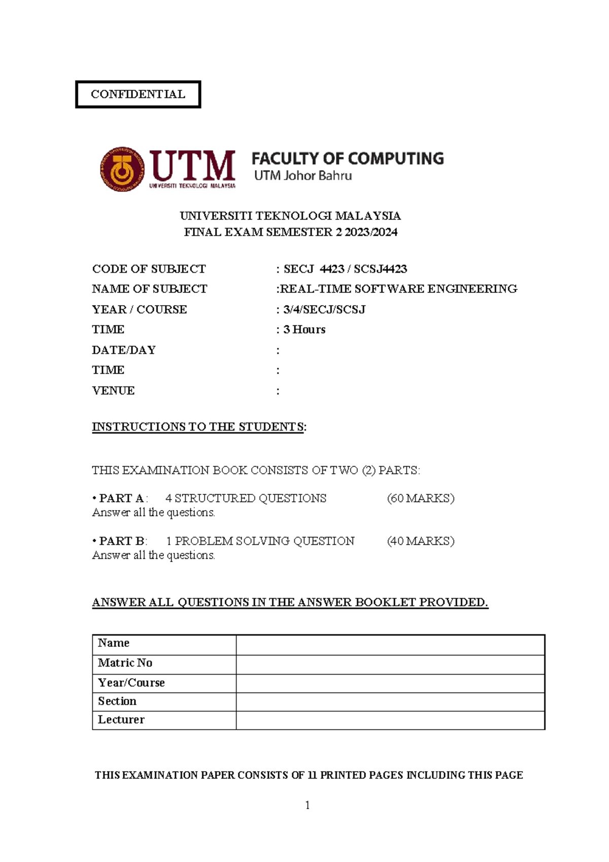 Final Exam SECJ 4423 Software Engineering Semester 2 2023-2024 - Studocu