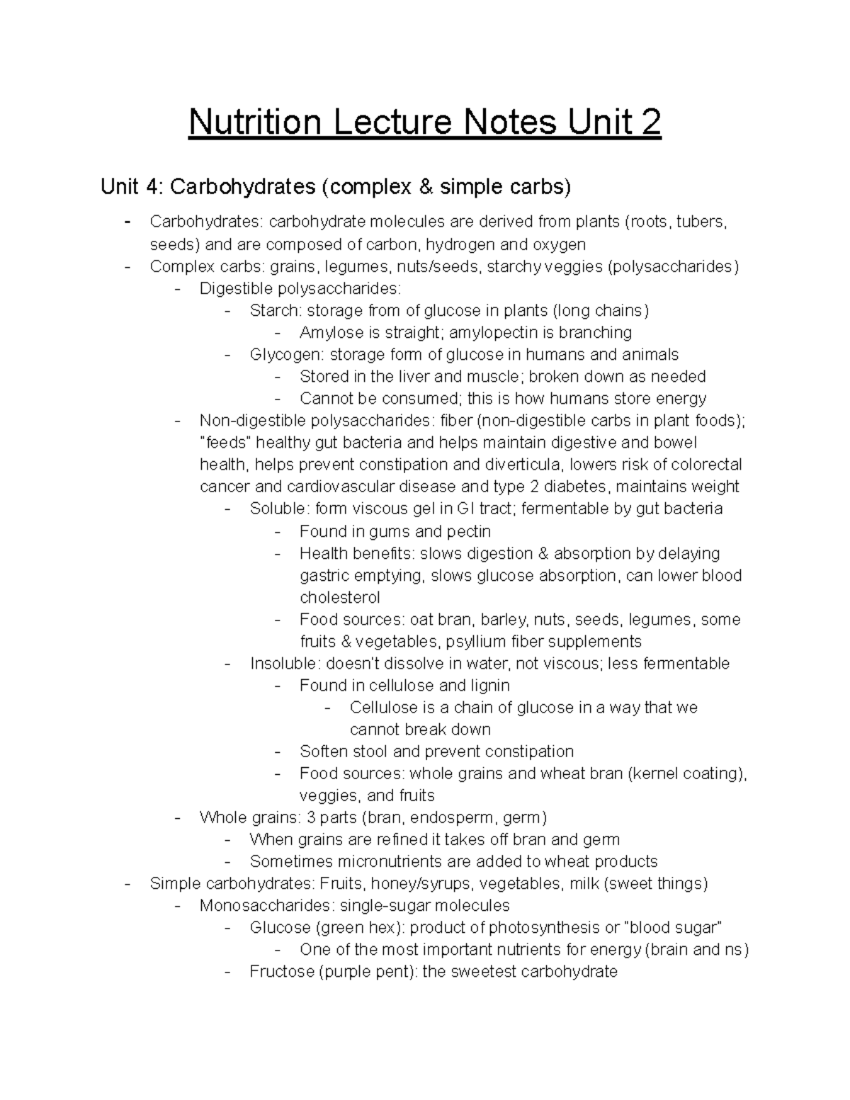 Nutrition Lecture Notes: Unit 4 - Carbohydrates Overview and Effects ...