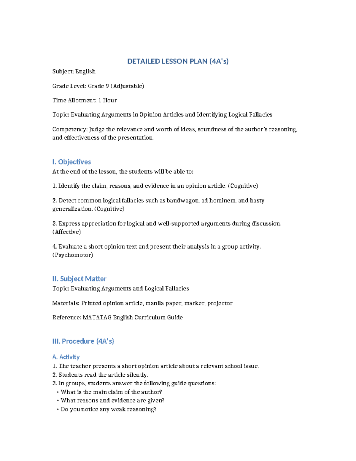 4As Detailed Lesson Plan: Evaluating Arguments & Fallacies (Grade 9 ...