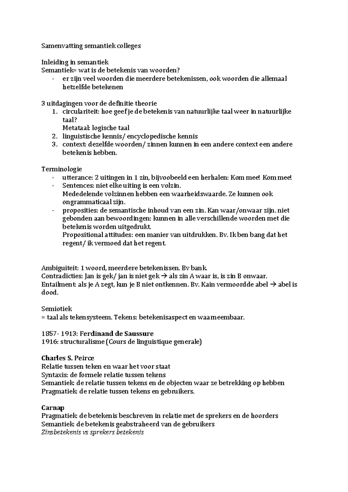 Samenvatting Semantiek Colleges (LTX021P05): Belangrijke Concepten en ...