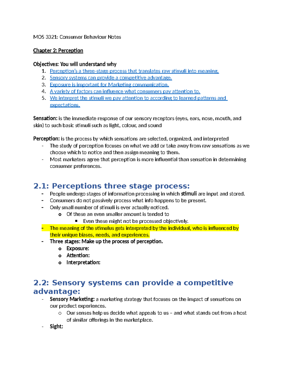 MOS3321 - Exam Notes on Consumer Behaviour: Chapter 2 - Perception ...