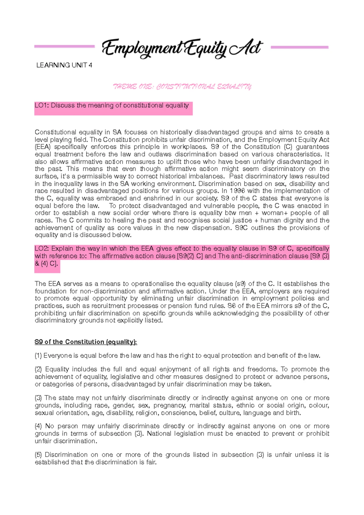 LU5 Labour Law Notes: Unfair Dismissals & Discrimination Overview - Studocu