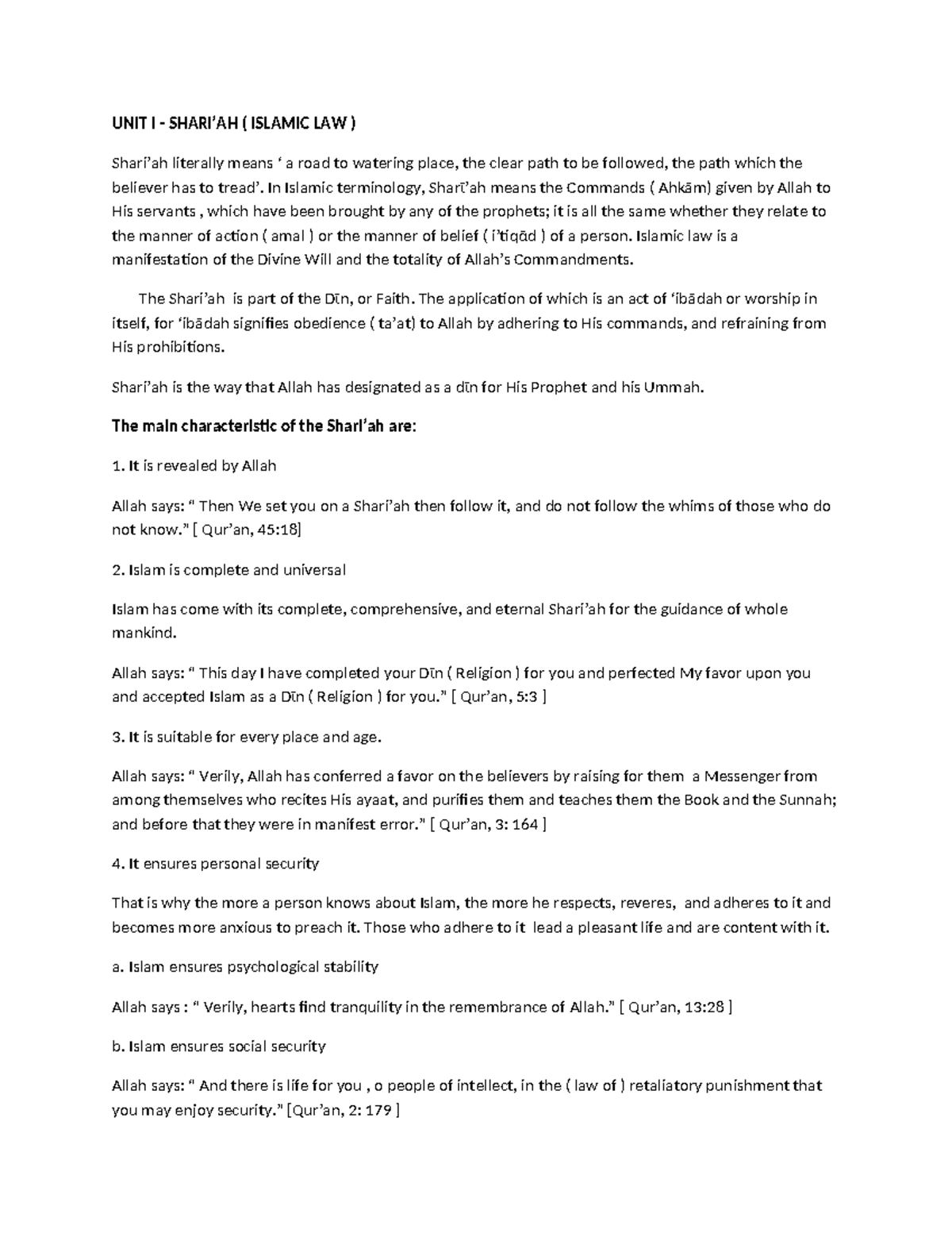 ISL104 - Unit I: Overview of Islamic Law and Jurisprudence - Studocu