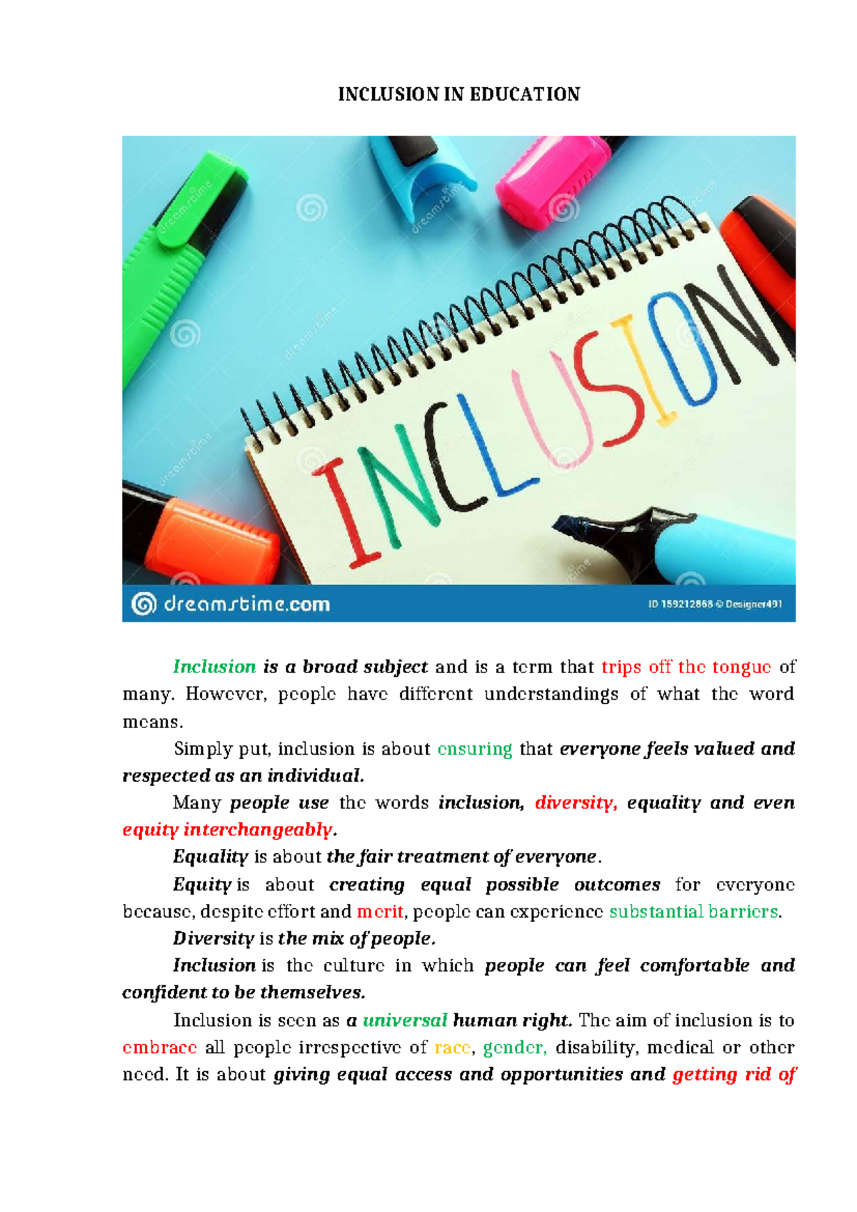 Inclusion in Education: Understanding Diversity and Equality 3 - Studocu