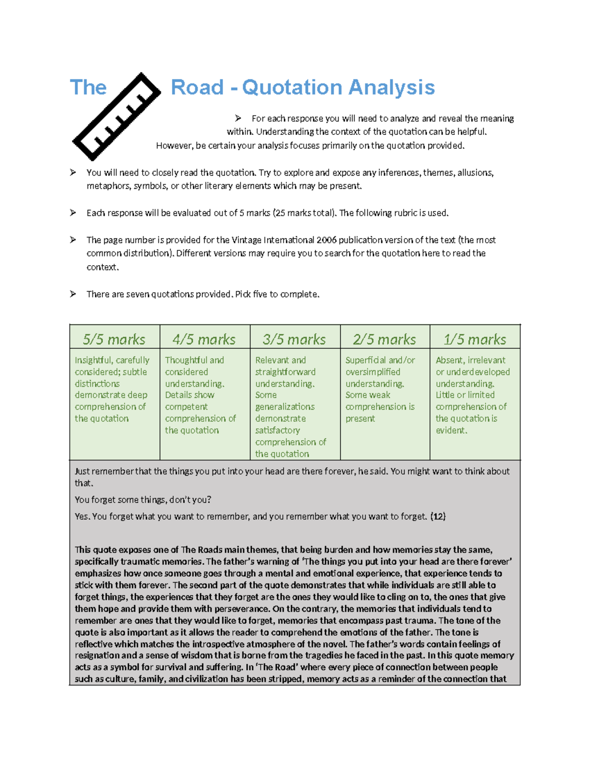 Road Quotation Analysis Questions (ENG 101) - Studocu