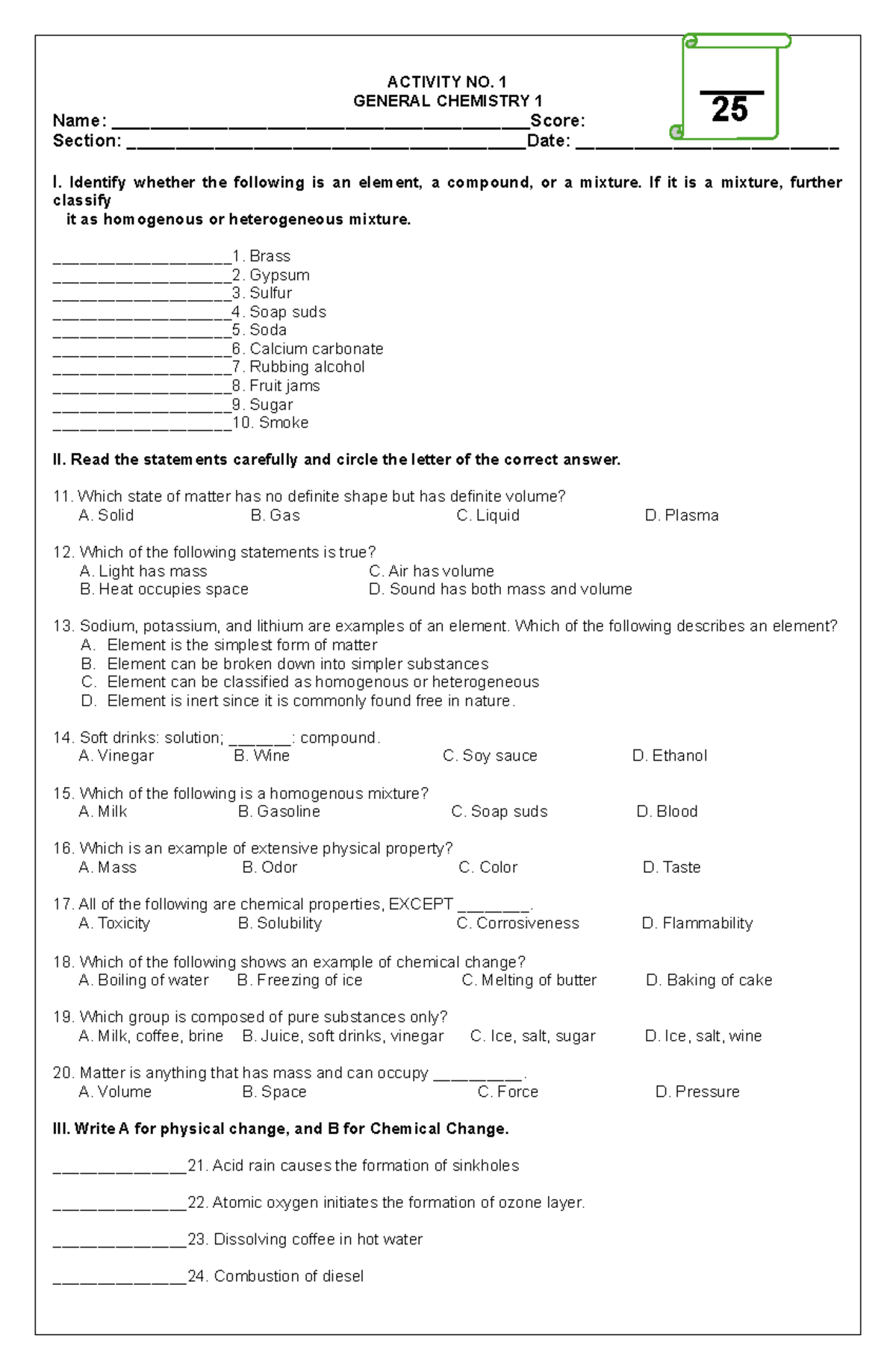 Chemistry activity on pure substances.