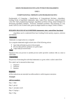 GE8151 Problem Solving and Python Programming Unit 1 Notes: Algorithms ...
