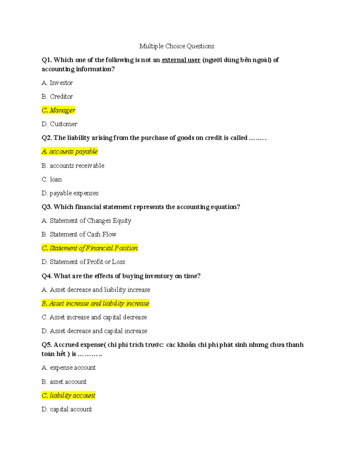 Multiple Choice Questions for Accounting 101: Key Concepts and ...