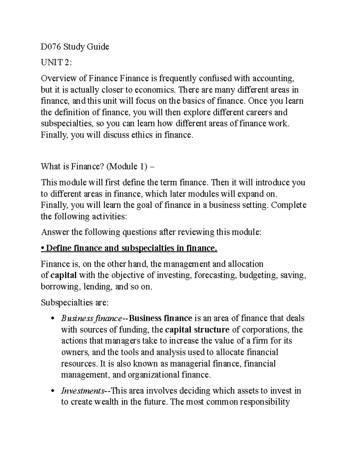 D076 Comprehensive Study Guide for Finance Modules 6, 7, 10 & 11 - Studocu