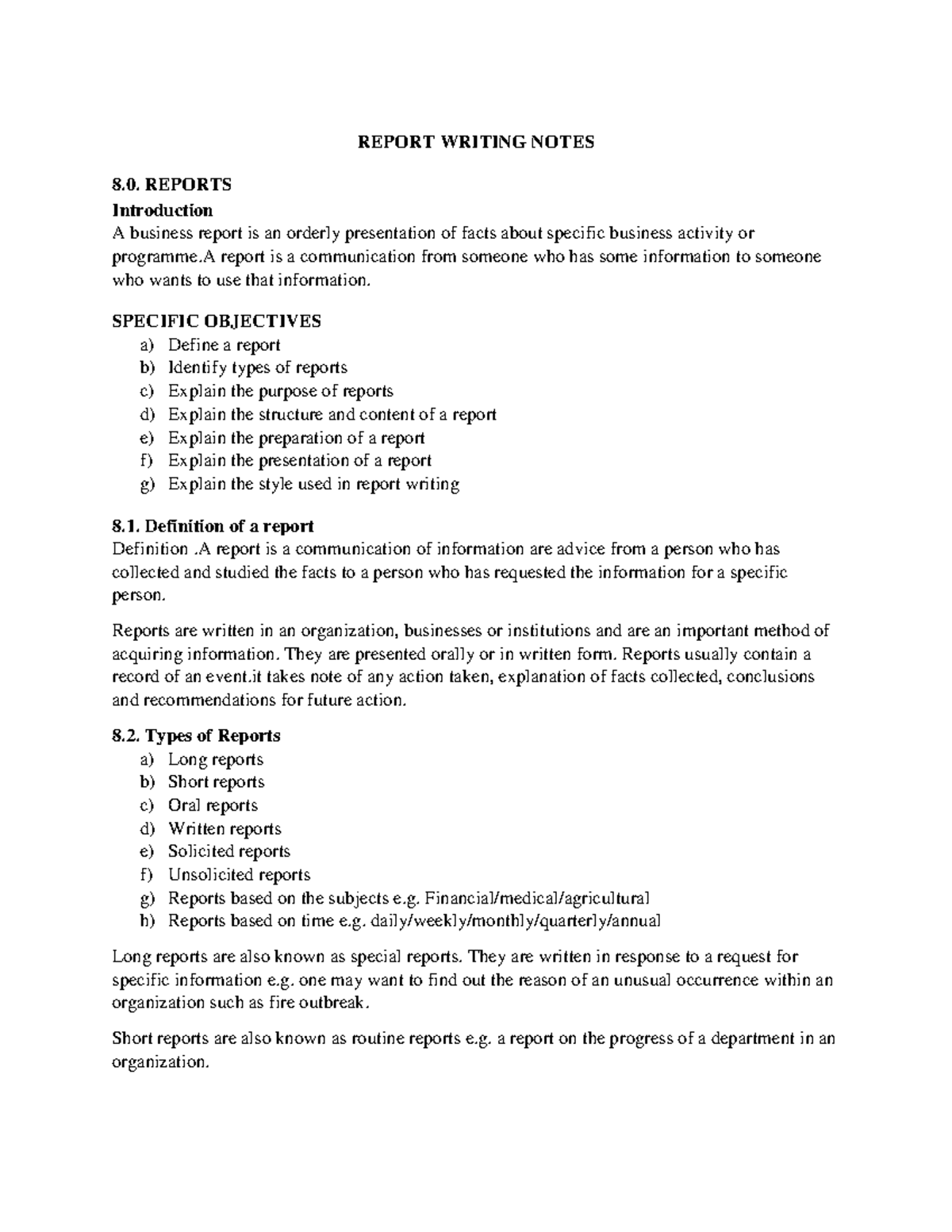 REPORT WRITING NOTES 8.0: STRUCTURE, TYPES & CHARACTERISTICS - Studocu