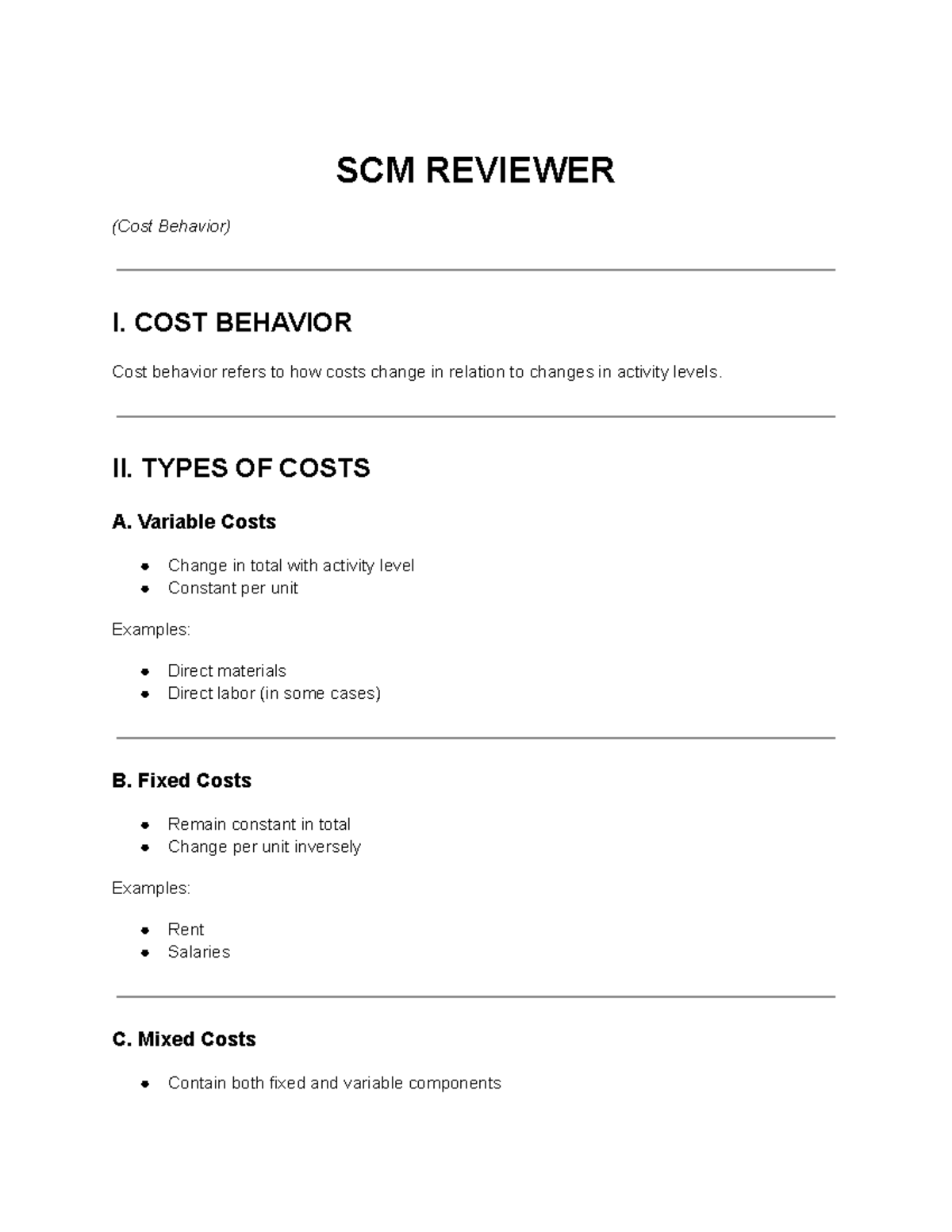 SCM REVIEWER: Understanding Cost Behavior and Estimation Methods - Studocu