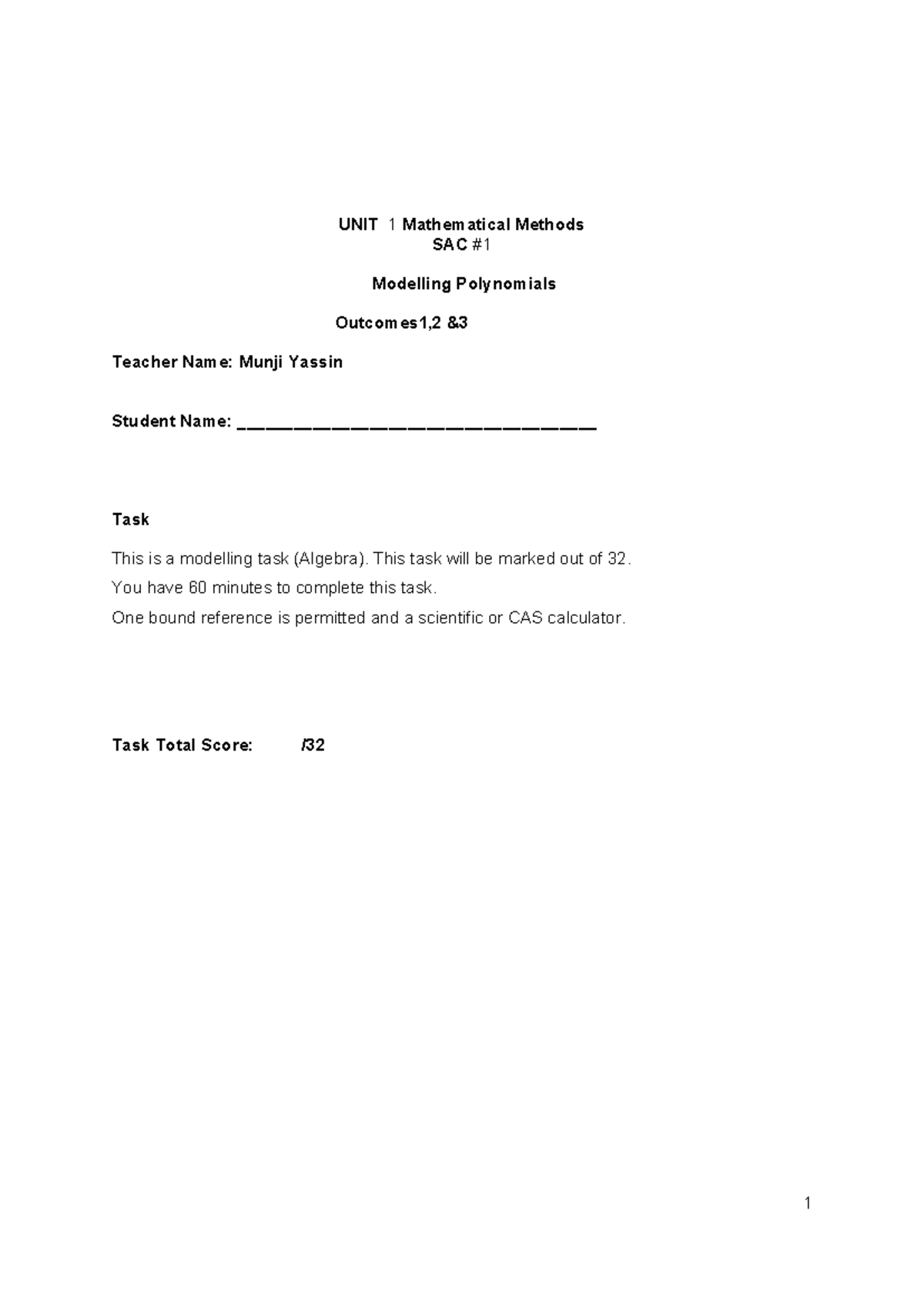 Year 11 - Mathematical Methods Unit 1: Modelling Polynomials Task - Studocu