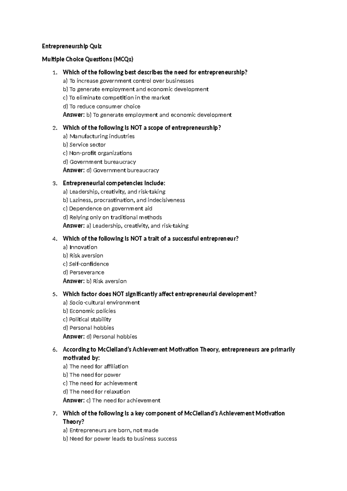 PME UNIT 1 Quiz - UNIT-1 QUIZ - Entrepreneurship Quiz Multiple Choice ...