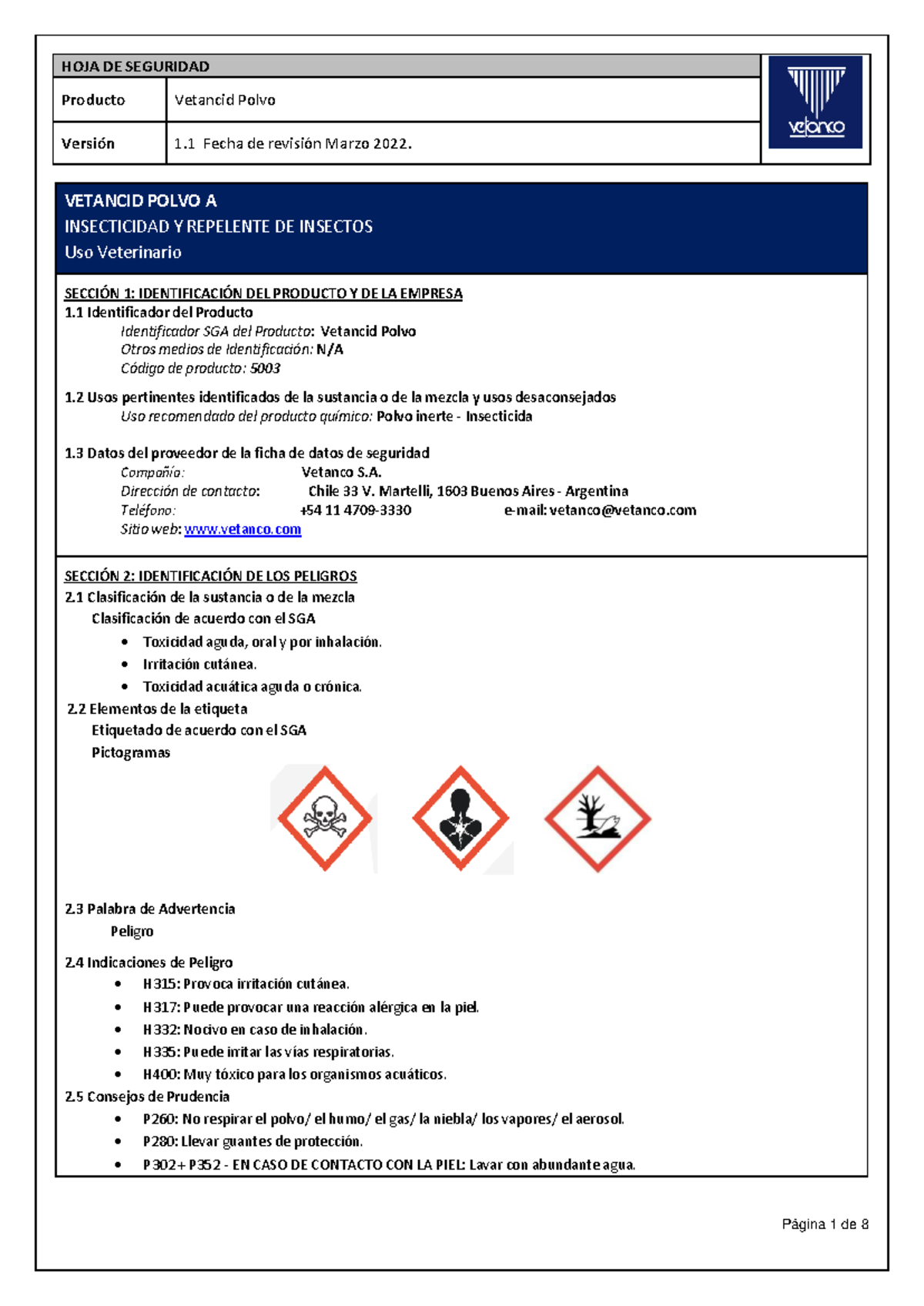 Ficha de Datos de Seguridad: Vetancid Polvo para Uso Veterinario - Document Preview