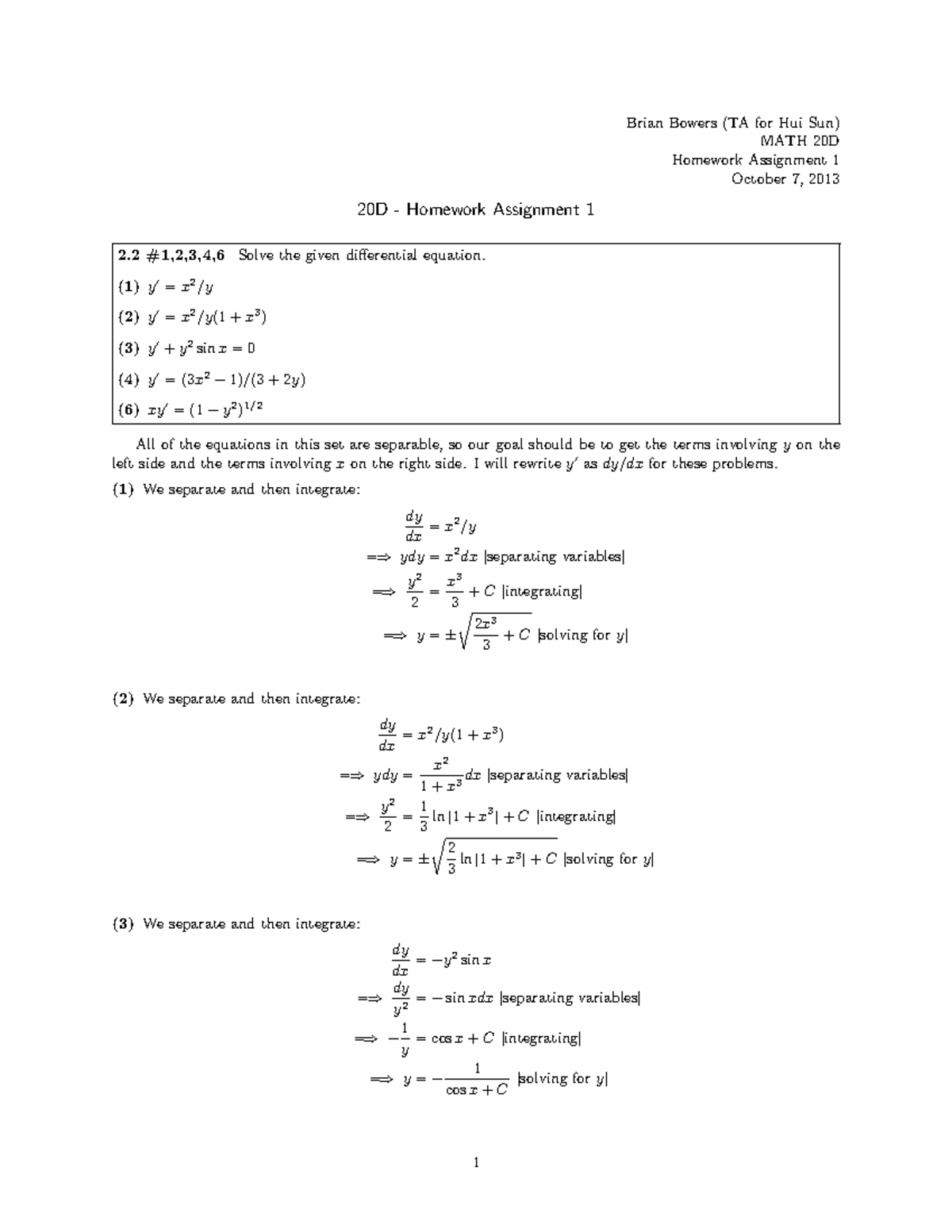 MATH 20D - Homework Assignment 1 Solutions and Explanations - Studocu