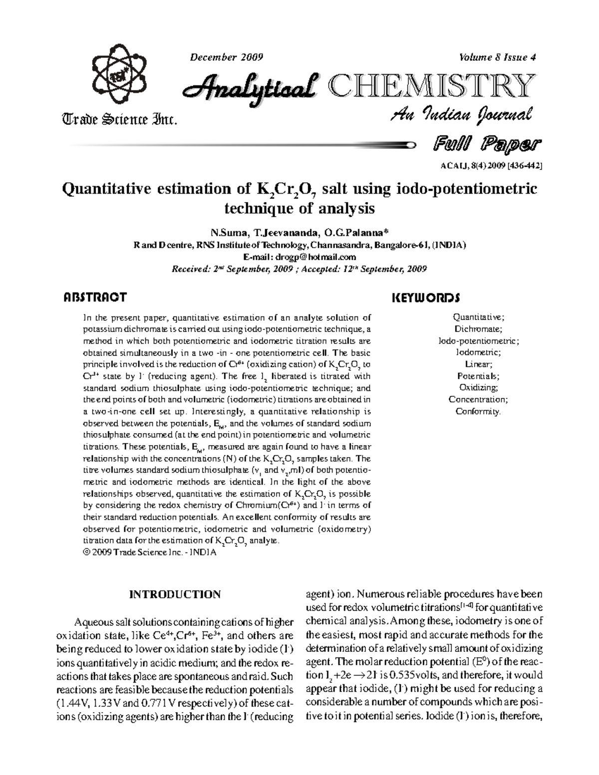 Quantitative Analysis of K2Cr2O7 Using Iodopotentiometric Method - Studocu