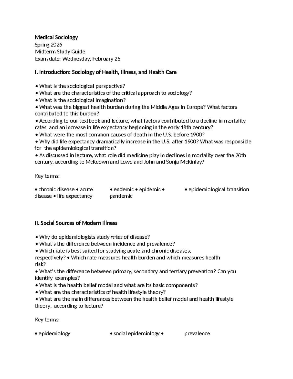 Medical Sociology (MEDSOC 101) Spring 2026 Midterm Study Guide - Studocu
