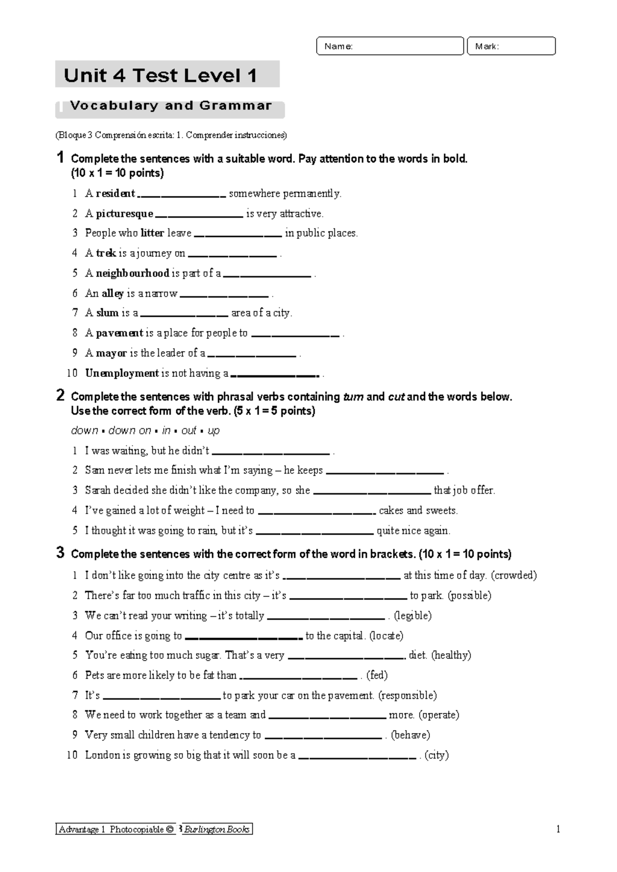 Advantage 1 Unit 4 Test Level 1: Vocabulary & Grammar Review - Studocu