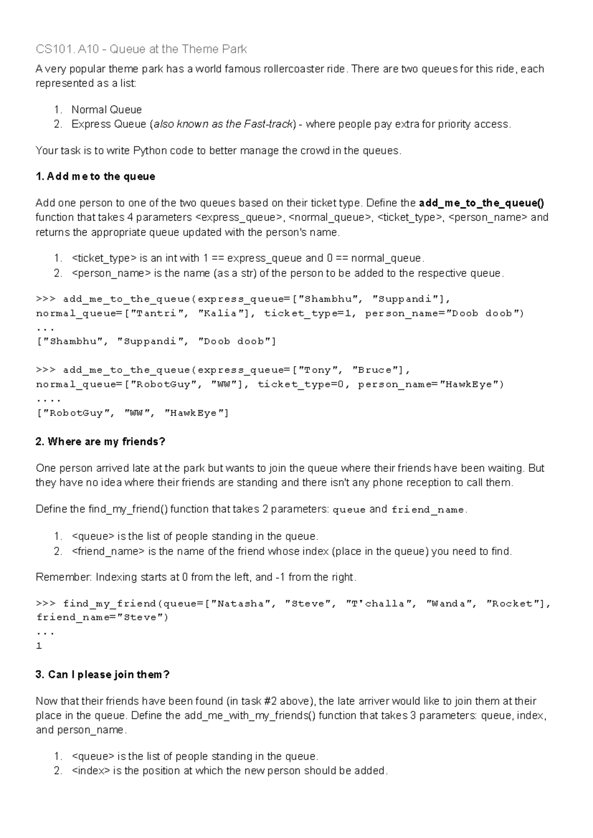 CS101 A10 - Managing Theme Park Queue with Python Code - Studocu