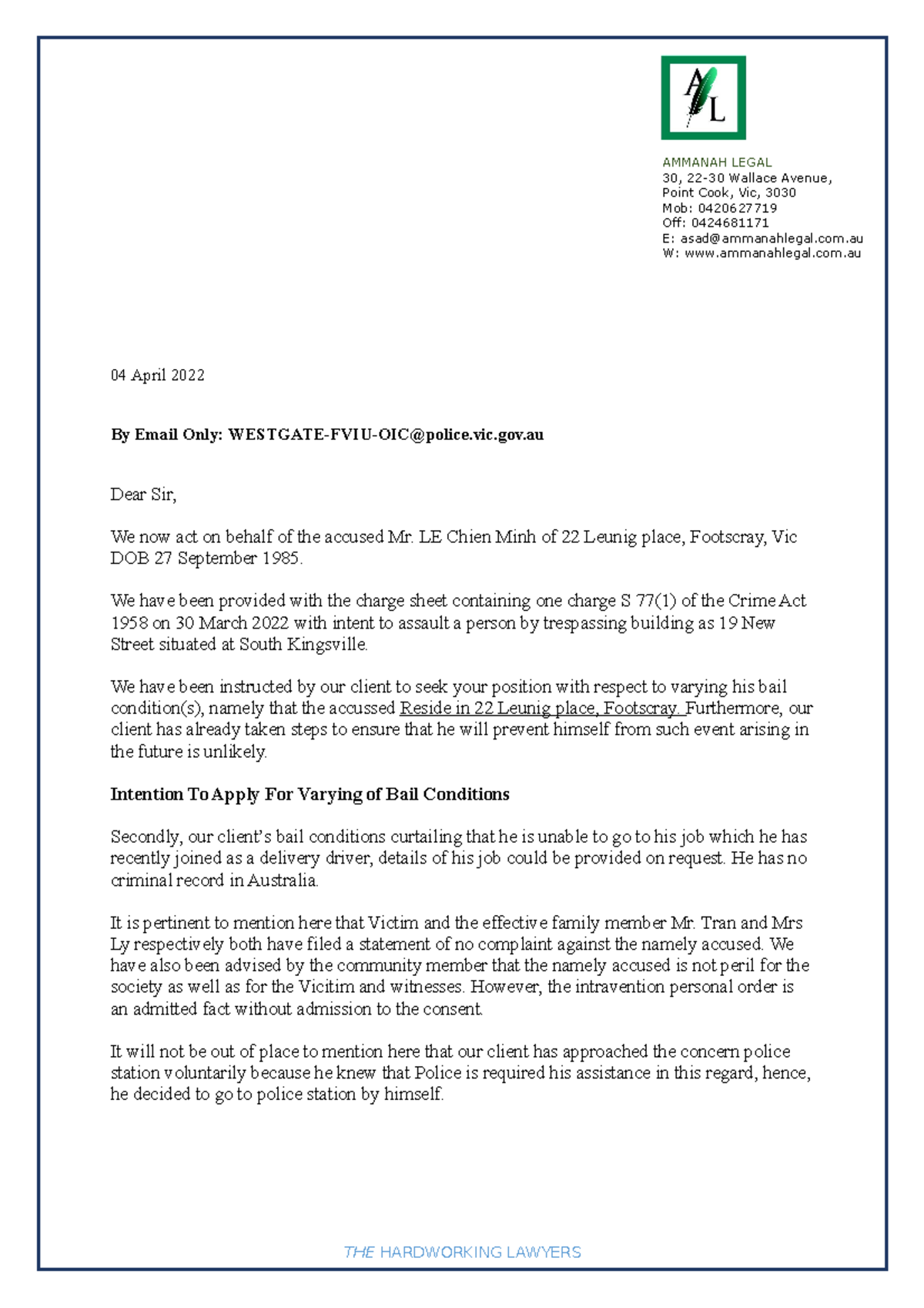 Letter to Vic Police Regarding Bail Variation for Mr. Le Chien Minh ...