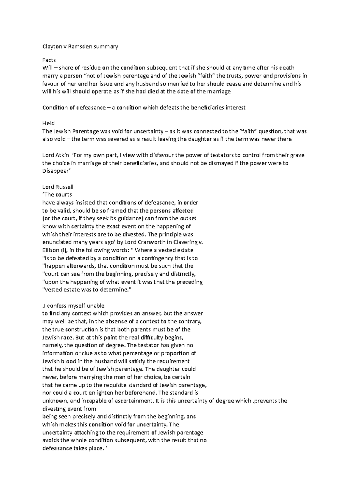 Clayton v Ramsden Case Summary: Decoding the Condition of Defeasance ...