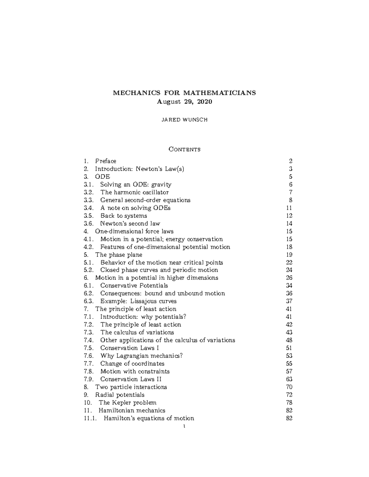 Mechanics for Mathematicians (Math 327): Comprehensive Lecture Notes ...